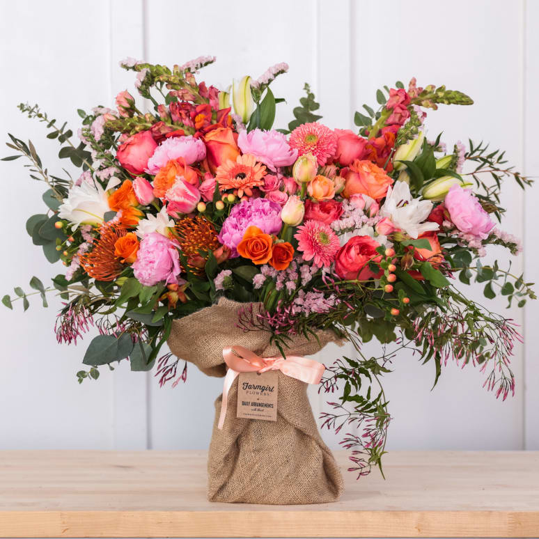 Fancy Pants Burlap Wrapped Bouquet with Peonies!