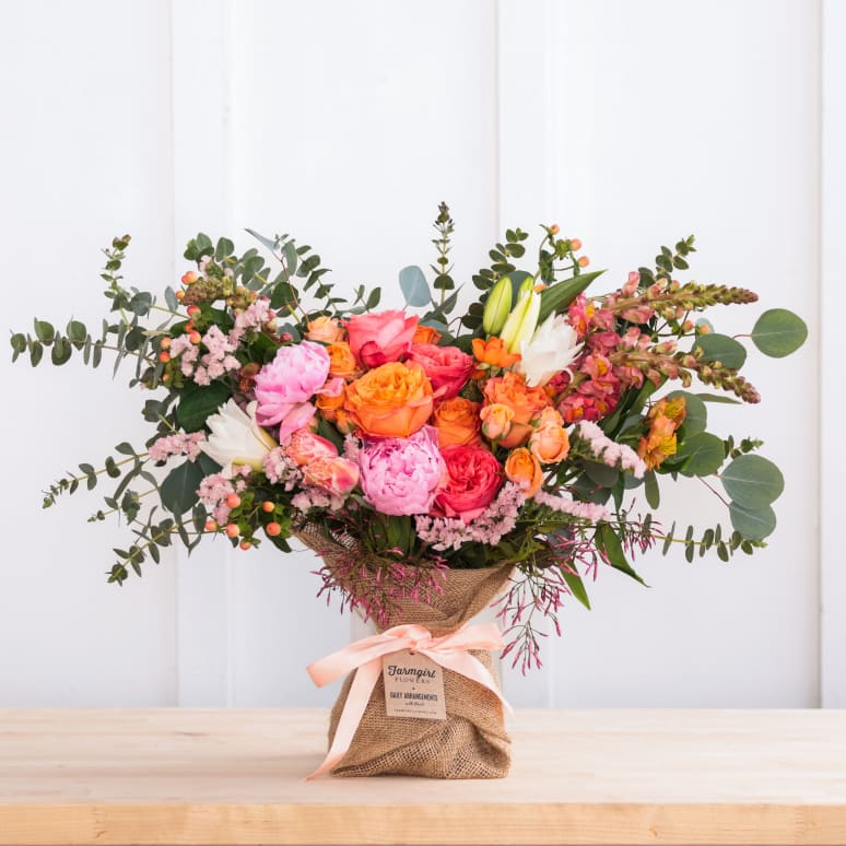 Just Right Burlap Wrapped Bouquet with Peonies!