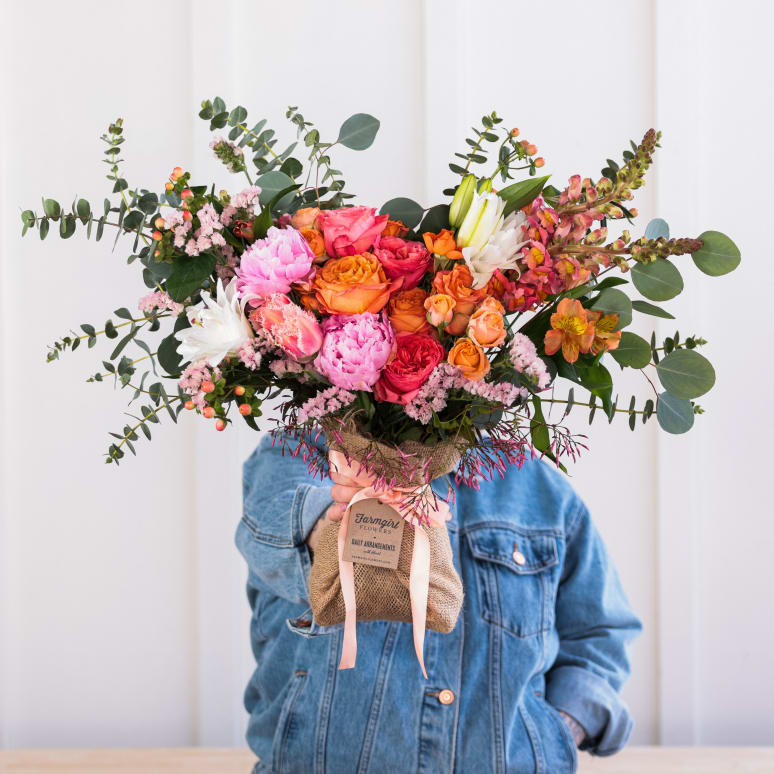 Just Right Burlap Wrapped Bouquet with Peonies!