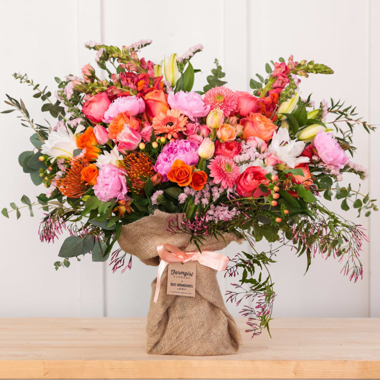 Fancy Pants Burlap Wrapped Bouquet with Peonies!