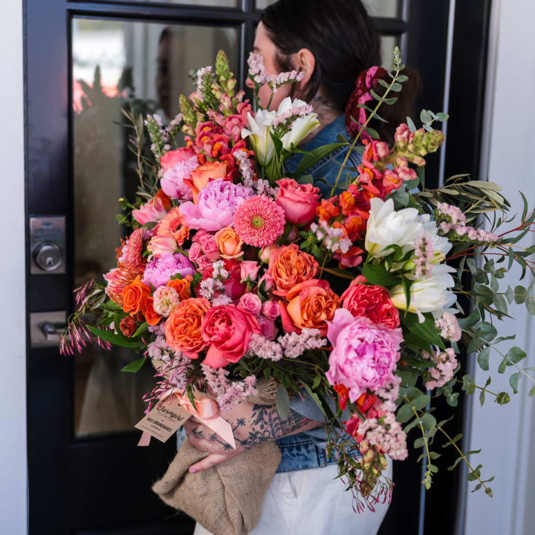 Fancy Pants Burlap Wrapped Bouquet with Peonies!