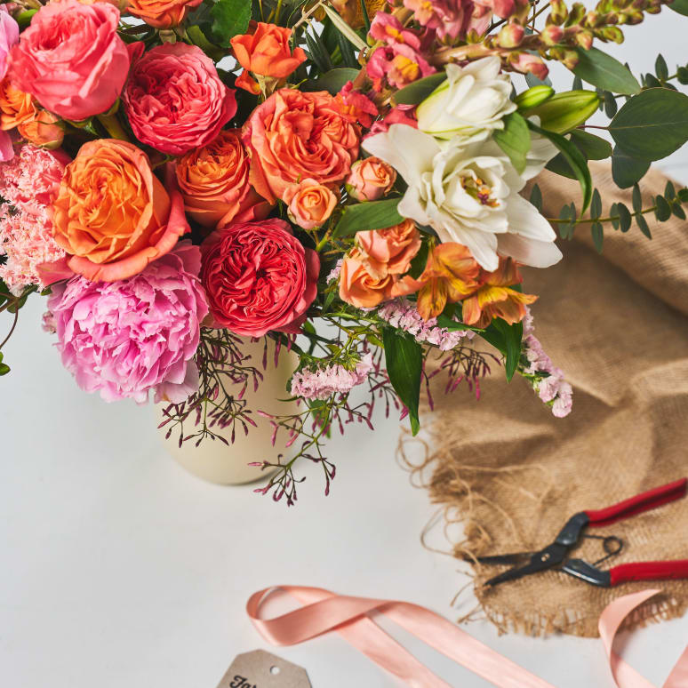 Just Right Burlap Wrapped Bouquet with Peonies!