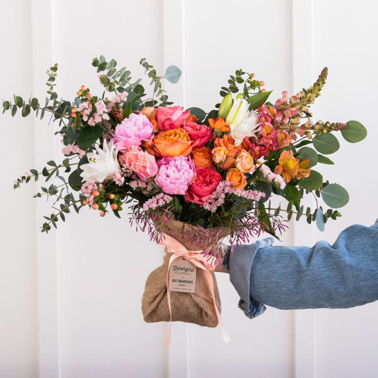 Just Right Burlap Wrapped Bouquet with Peonies!