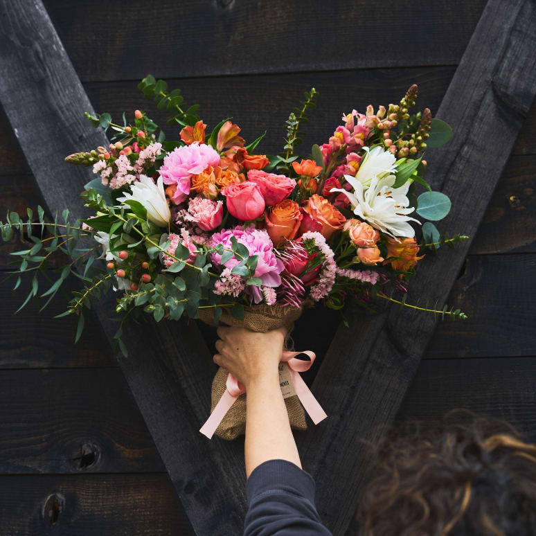 Just Right Burlap Wrapped Bouquet with Peonies!