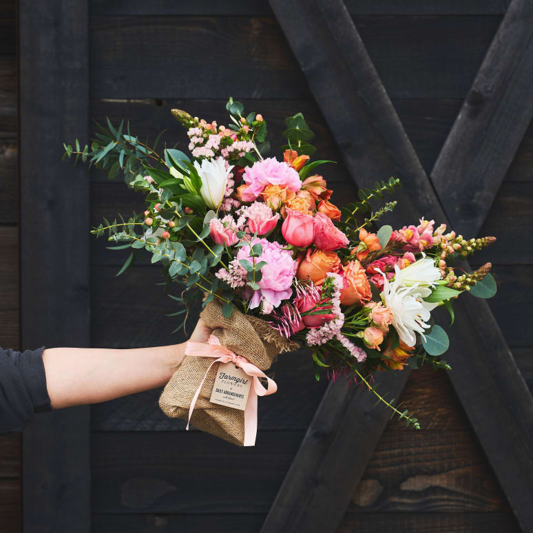 Just Right Burlap Wrapped Bouquet with Peonies!