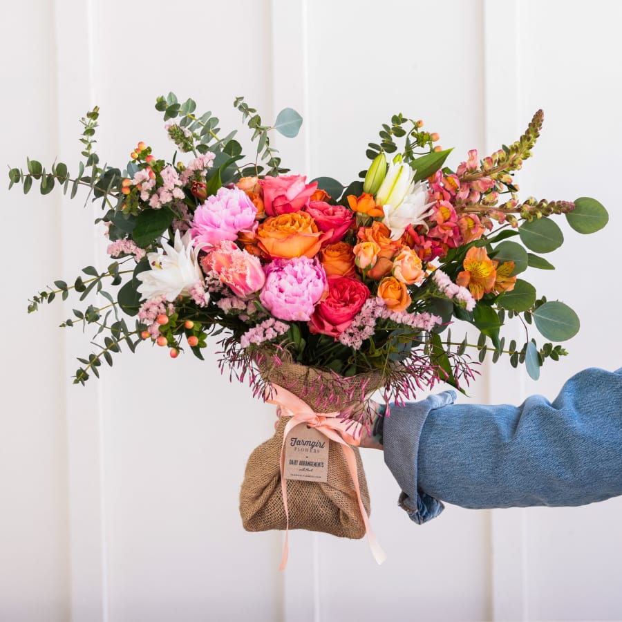 Just Right Burlap Wrapped Bouquet with Peonies!