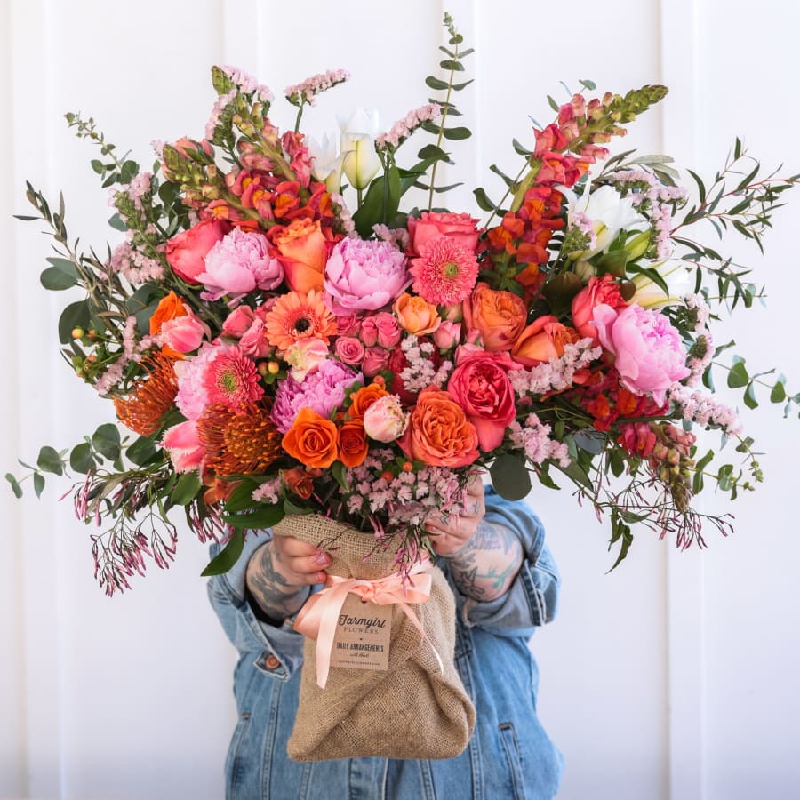 Fancy Pants Burlap Wrapped Bouquet with Peonies!