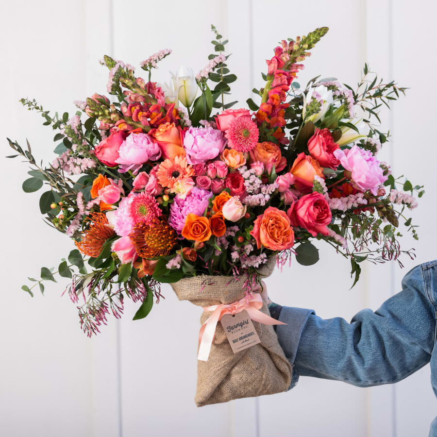 Fancy Pants Burlap Wrapped Bouquet with Peonies!
