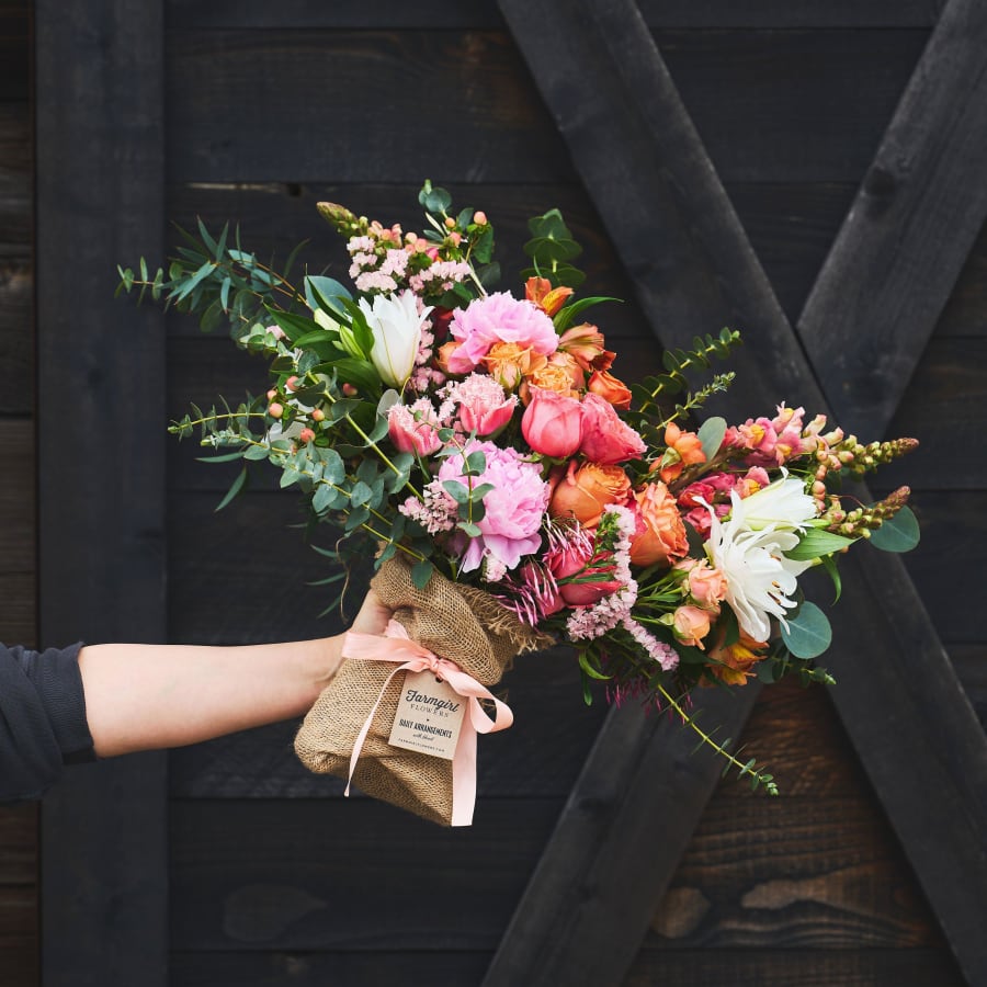 Just Right Burlap Wrapped Bouquet with Peonies!